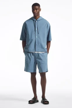 Outlet COS RELAXED HOODED COTTON SHORT-SLEEVED SHIRT BLUE