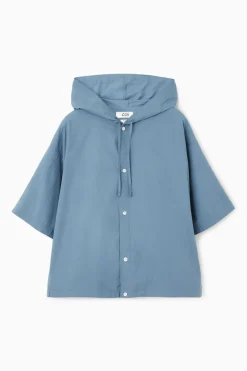 Outlet COS RELAXED HOODED COTTON SHORT-SLEEVED SHIRT BLUE