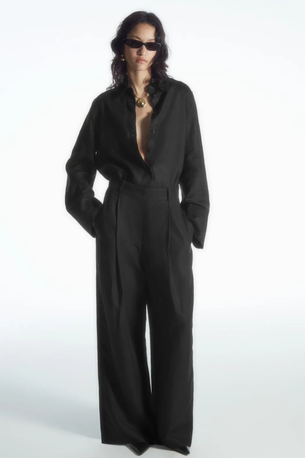 Outlet COS RELAXED LINEN-BLEND WIDE-LEG PANTS BLACK