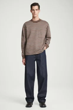 Sale COS RELAXED MOCK-NECK COTTON LONG-SLEEVED T-SHIRT BROWN / OFF-WHITE