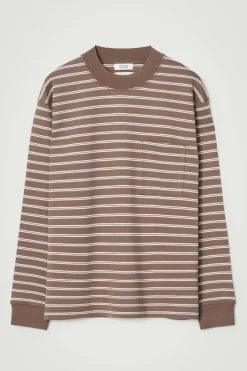Sale COS RELAXED MOCK-NECK COTTON LONG-SLEEVED T-SHIRT BROWN / OFF-WHITE