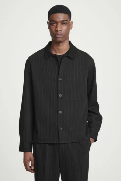 Outlet COS RELAXED PINSTRIPED WOOL-BLEND JERSEY SHIRT BLACK / PINSTRIPED