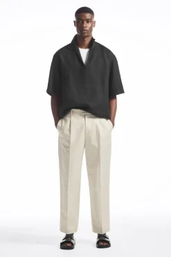 New COS RELAXED PLEATED LINEN STRAIGHT-LEG PANTS LIGHT BEIGE
