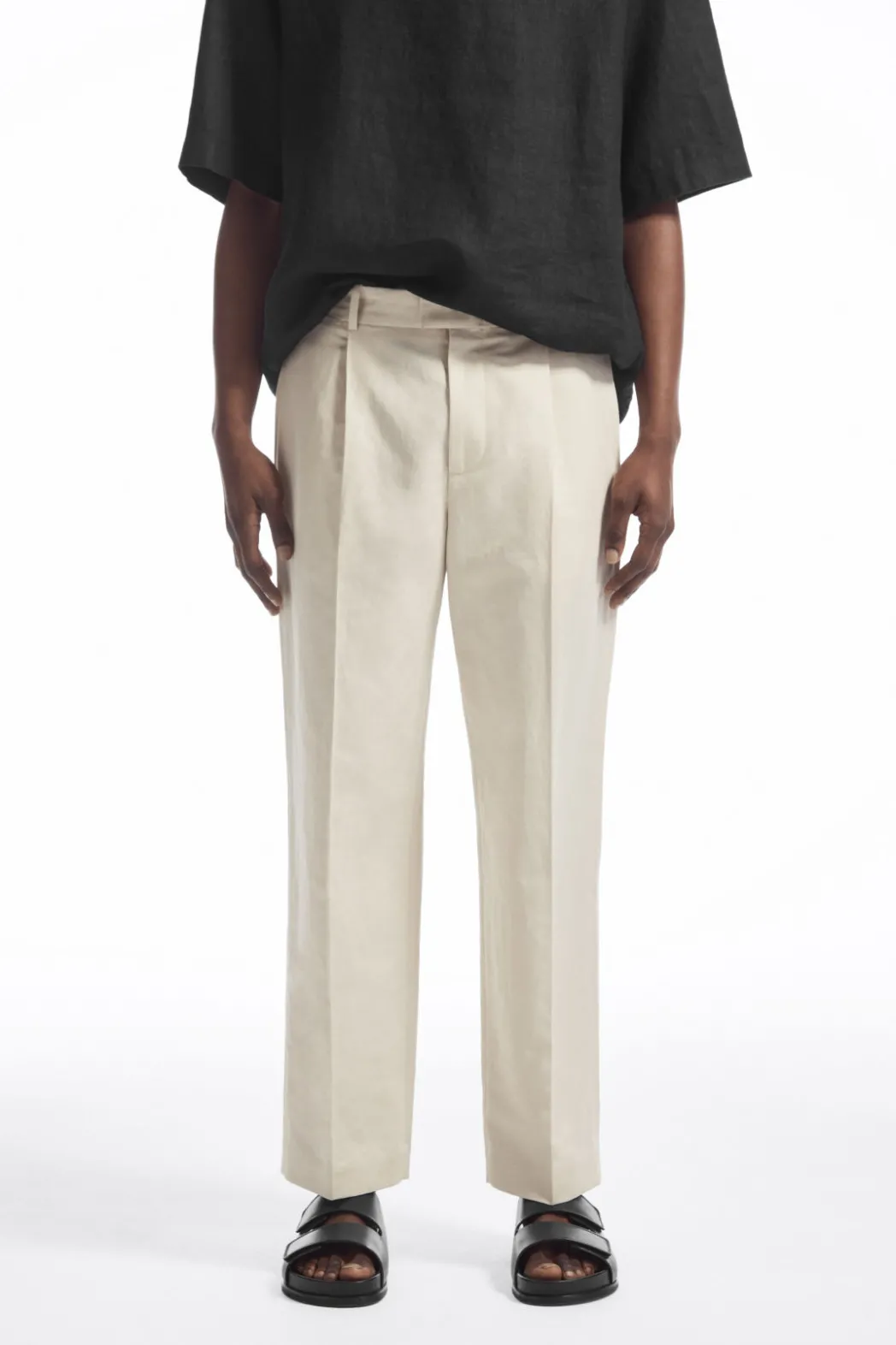 New COS RELAXED PLEATED LINEN STRAIGHT-LEG PANTS LIGHT BEIGE