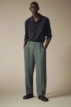 Clearance COS RELAXED PLEATED LINEN STRAIGHT-LEG PANTS GREEN