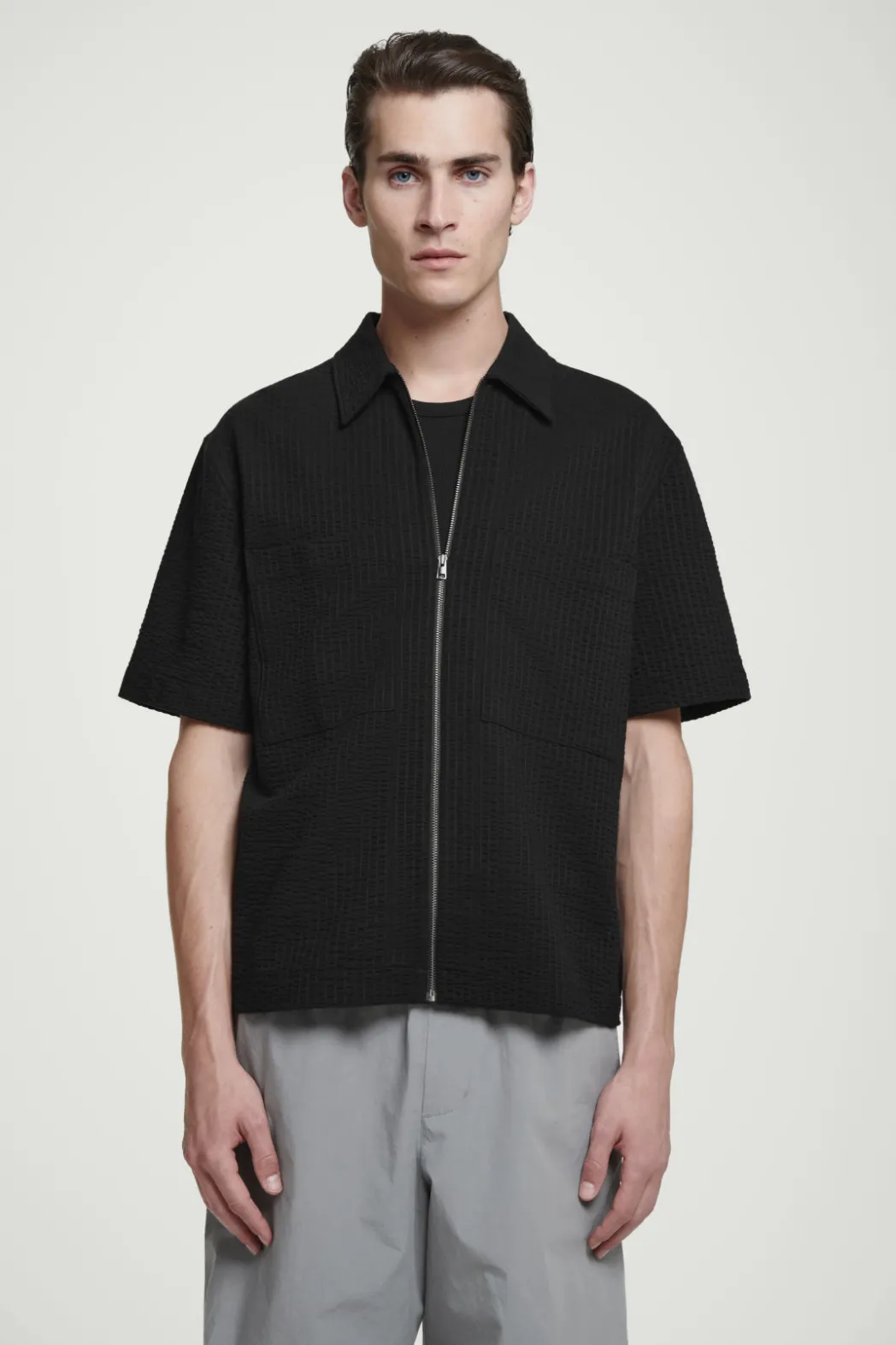 Clearance COS RELAXED SEERSUCKER COTTON ZIPPED SHIRT BLACK