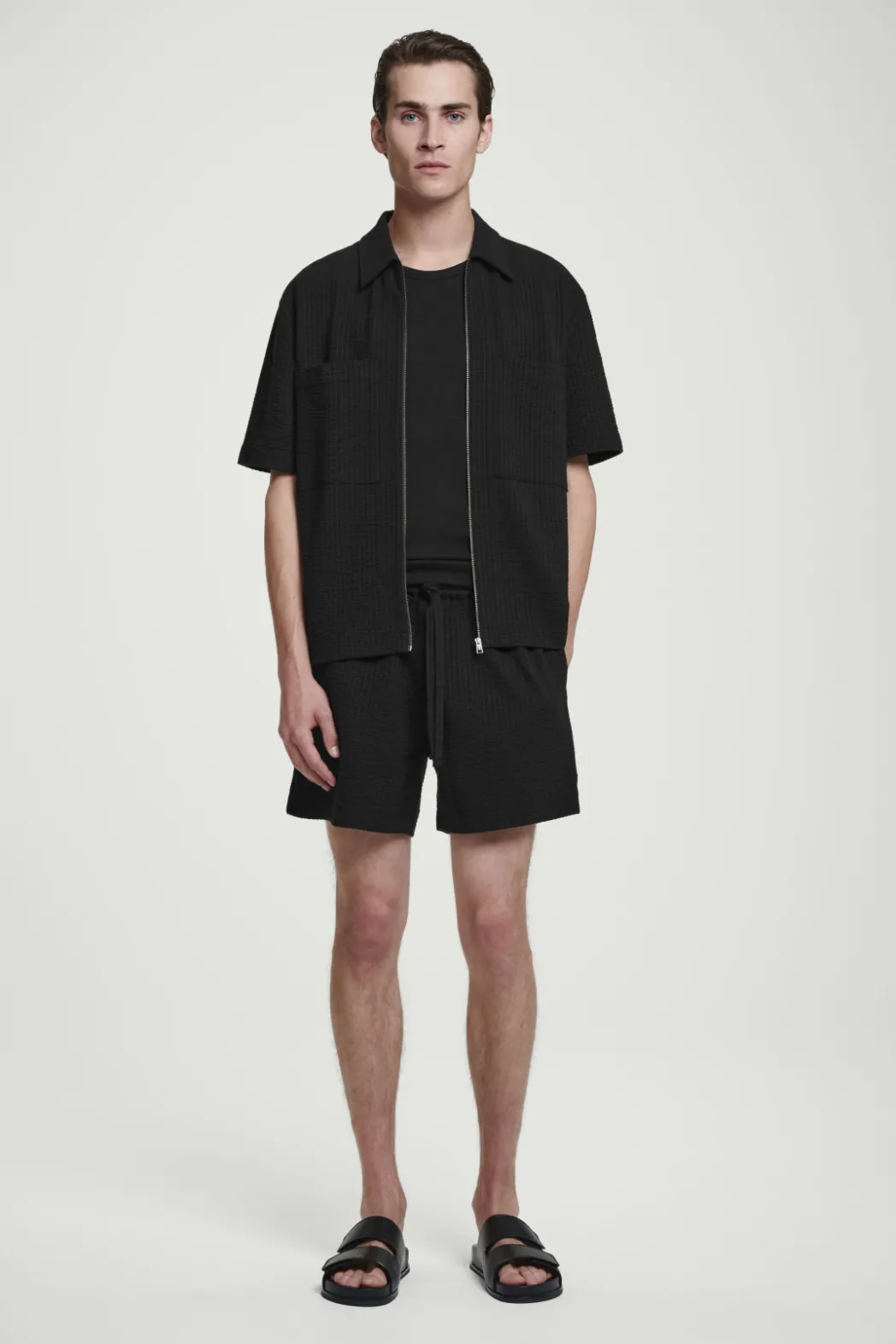 Clearance COS RELAXED SEERSUCKER COTTON ZIPPED SHIRT BLACK