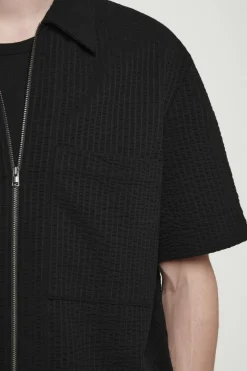 Clearance COS RELAXED SEERSUCKER COTTON ZIPPED SHIRT BLACK
