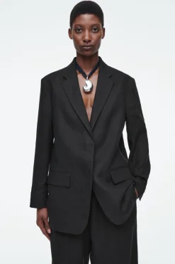 Sale COS RELAXED SINGLE-BREASTED LINEN BLAZER BLACK