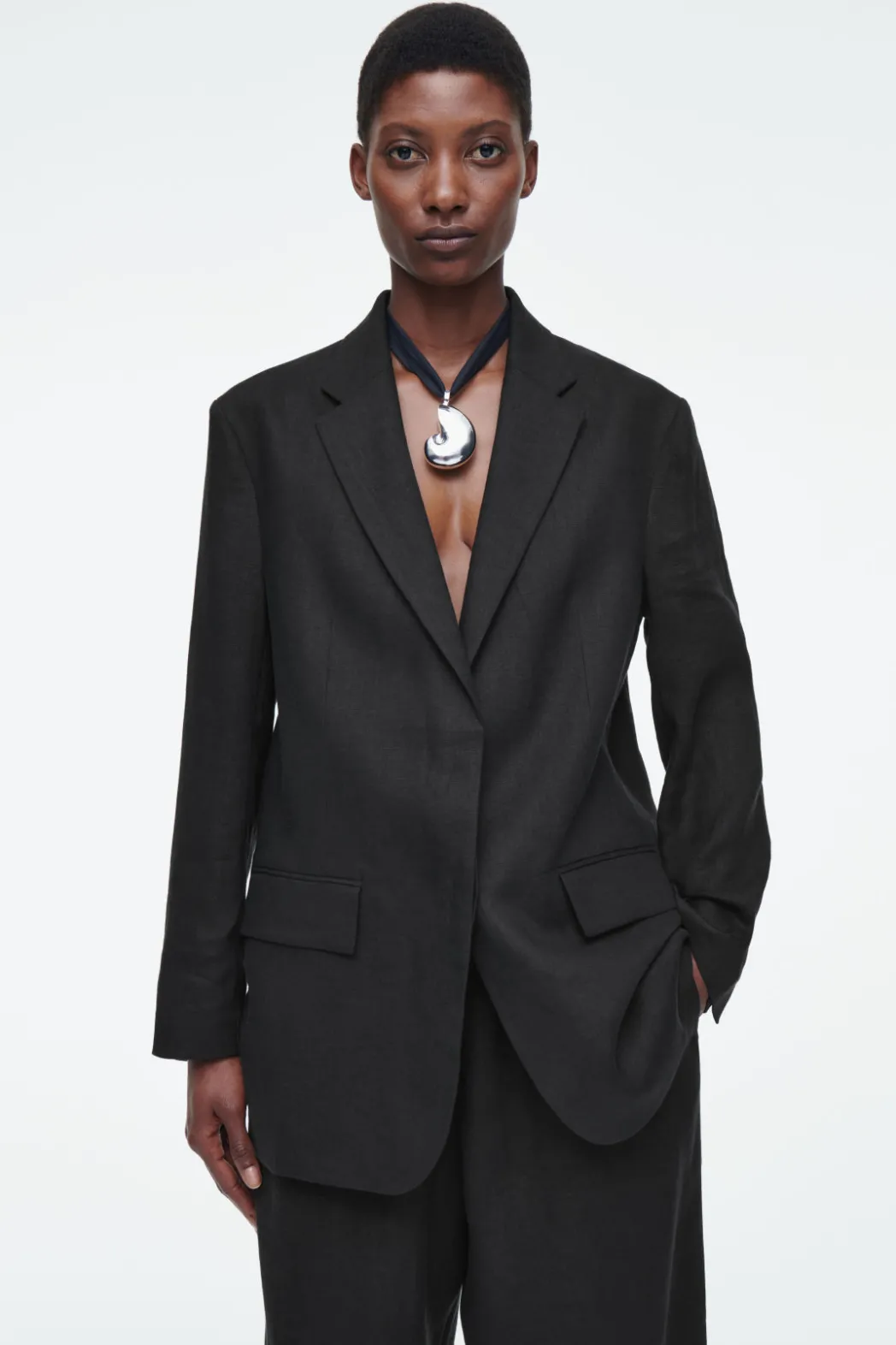 Sale COS RELAXED SINGLE-BREASTED LINEN BLAZER BLACK