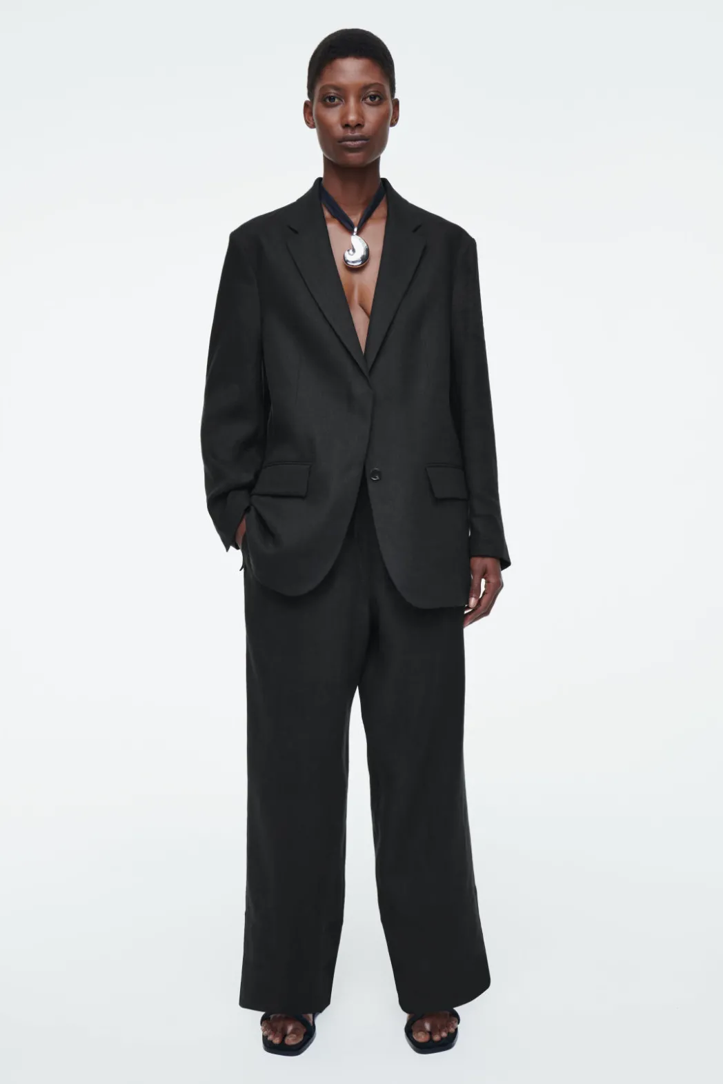 Sale COS RELAXED SINGLE-BREASTED LINEN BLAZER BLACK