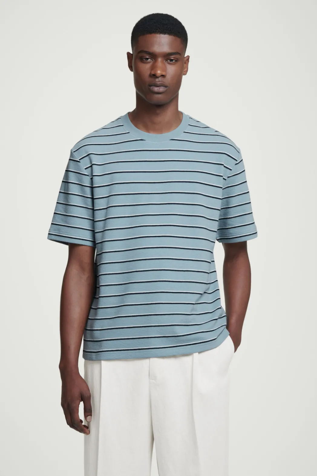 Discount COS RELAXED STRIPED COTTON-BOUCLÉ T-SHIRT BLUE / STRIPED