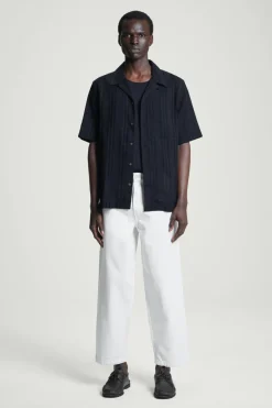 Hot COS RELAXED STRIPE-JACQUARD COTTON SHORT-SLEEVED SHIRT NAVY BLUE