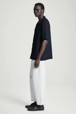 Hot COS RELAXED STRIPE-JACQUARD COTTON SHORT-SLEEVED SHIRT NAVY BLUE