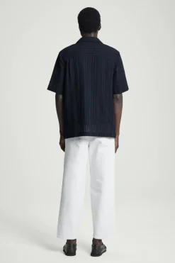 Hot COS RELAXED STRIPE-JACQUARD COTTON SHORT-SLEEVED SHIRT NAVY BLUE