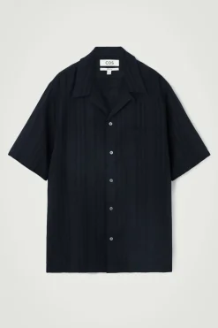 Hot COS RELAXED STRIPE-JACQUARD COTTON SHORT-SLEEVED SHIRT NAVY BLUE