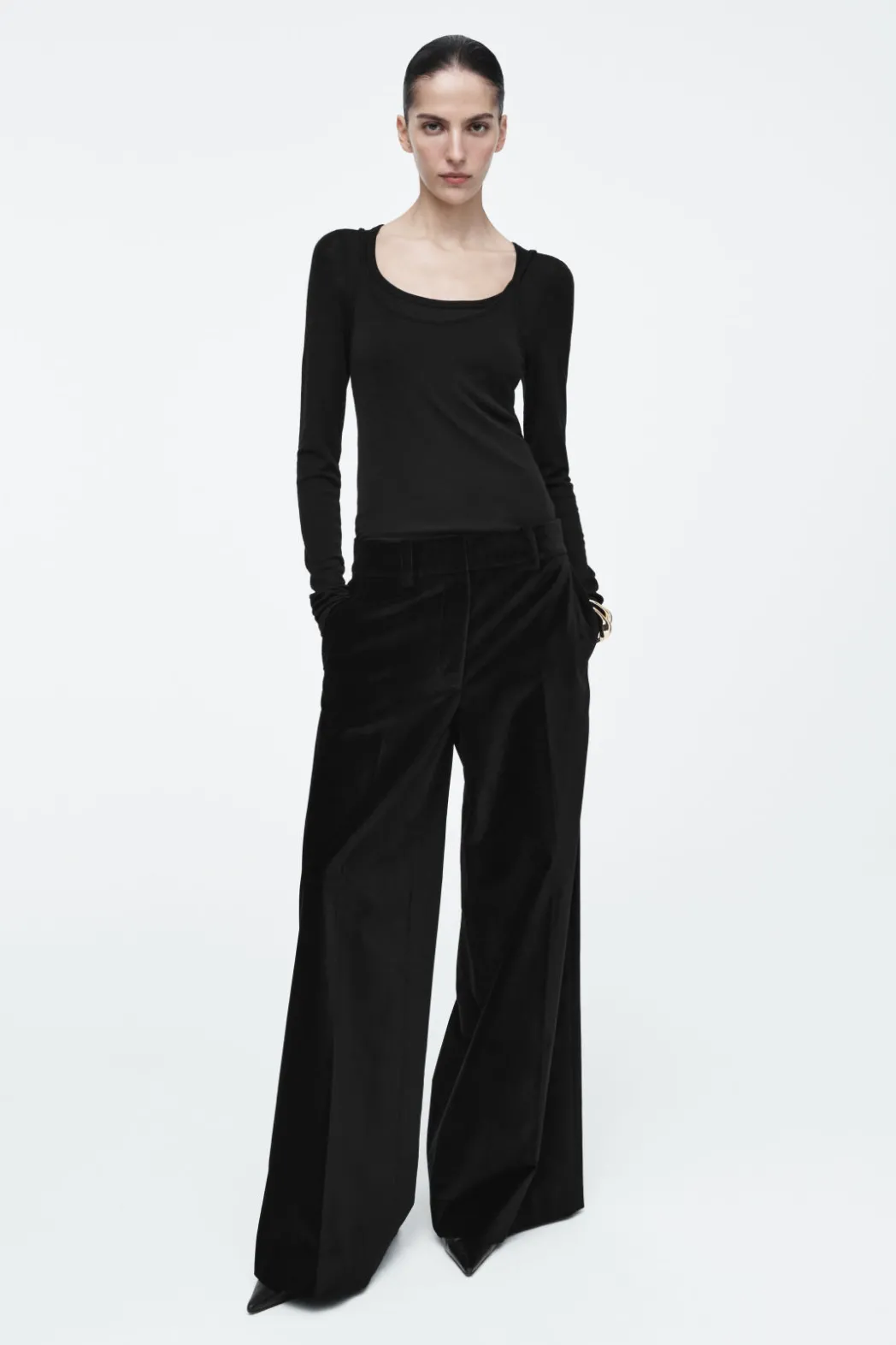 Discount COS RELAXED VELVET WIDE-LEG PANTS BLACK