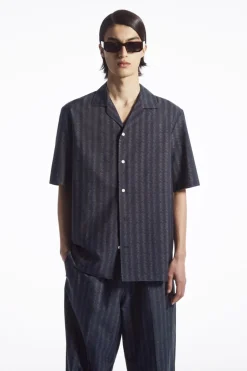 COS RELAXED ZIGZAG STRIPE COTTON SHIRT NAVY BLUE
