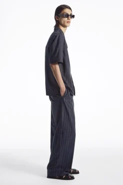 COS RELAXED ZIGZAG STRIPE COTTON SHIRT NAVY BLUE