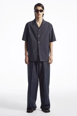 COS RELAXED ZIGZAG STRIPE COTTON SHIRT NAVY BLUE