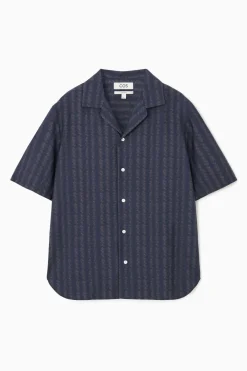 COS RELAXED ZIGZAG STRIPE COTTON SHIRT NAVY BLUE