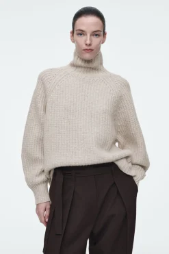 Hot COS RIBBED CASHMERE-BLEND FUNNEL-NECK SWEATER BEIGE MÉLANGE