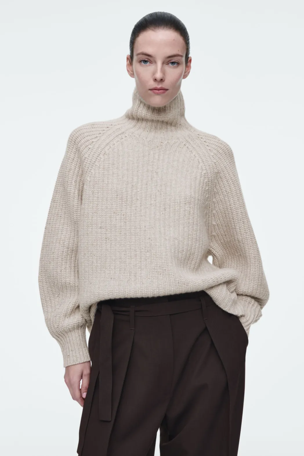 Hot COS RIBBED CASHMERE-BLEND FUNNEL-NECK SWEATER BEIGE MÉLANGE