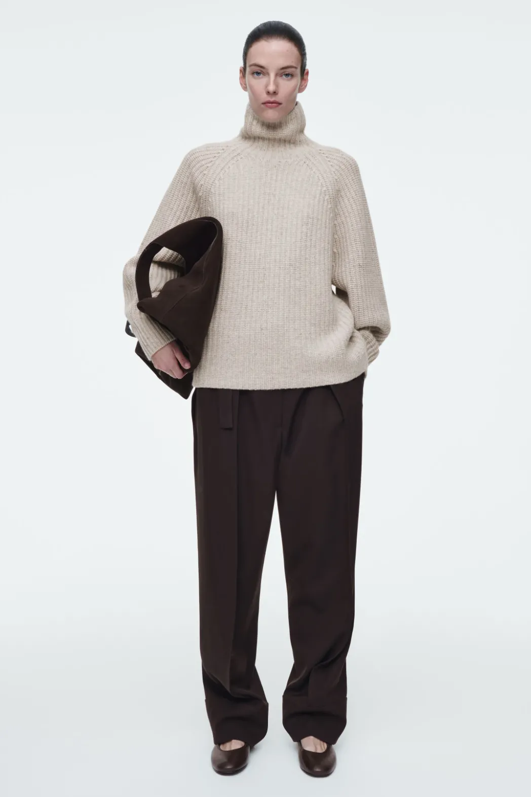 Hot COS RIBBED CASHMERE-BLEND FUNNEL-NECK SWEATER BEIGE MÉLANGE