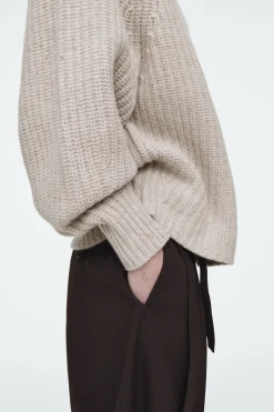 Hot COS RIBBED CASHMERE-BLEND FUNNEL-NECK SWEATER BEIGE MÉLANGE