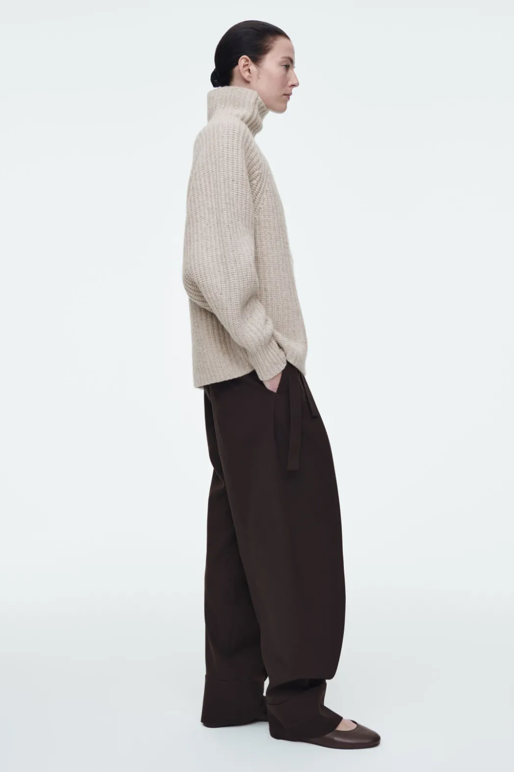 Hot COS RIBBED CASHMERE-BLEND FUNNEL-NECK SWEATER BEIGE MÉLANGE