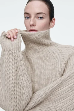 Hot COS RIBBED CASHMERE-BLEND FUNNEL-NECK SWEATER BEIGE MÉLANGE