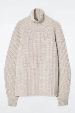 Hot COS RIBBED CASHMERE-BLEND FUNNEL-NECK SWEATER BEIGE MÉLANGE