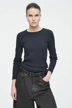 Sale COS RIBBED JERSEY LONG-SLEEVED TOP NAVY