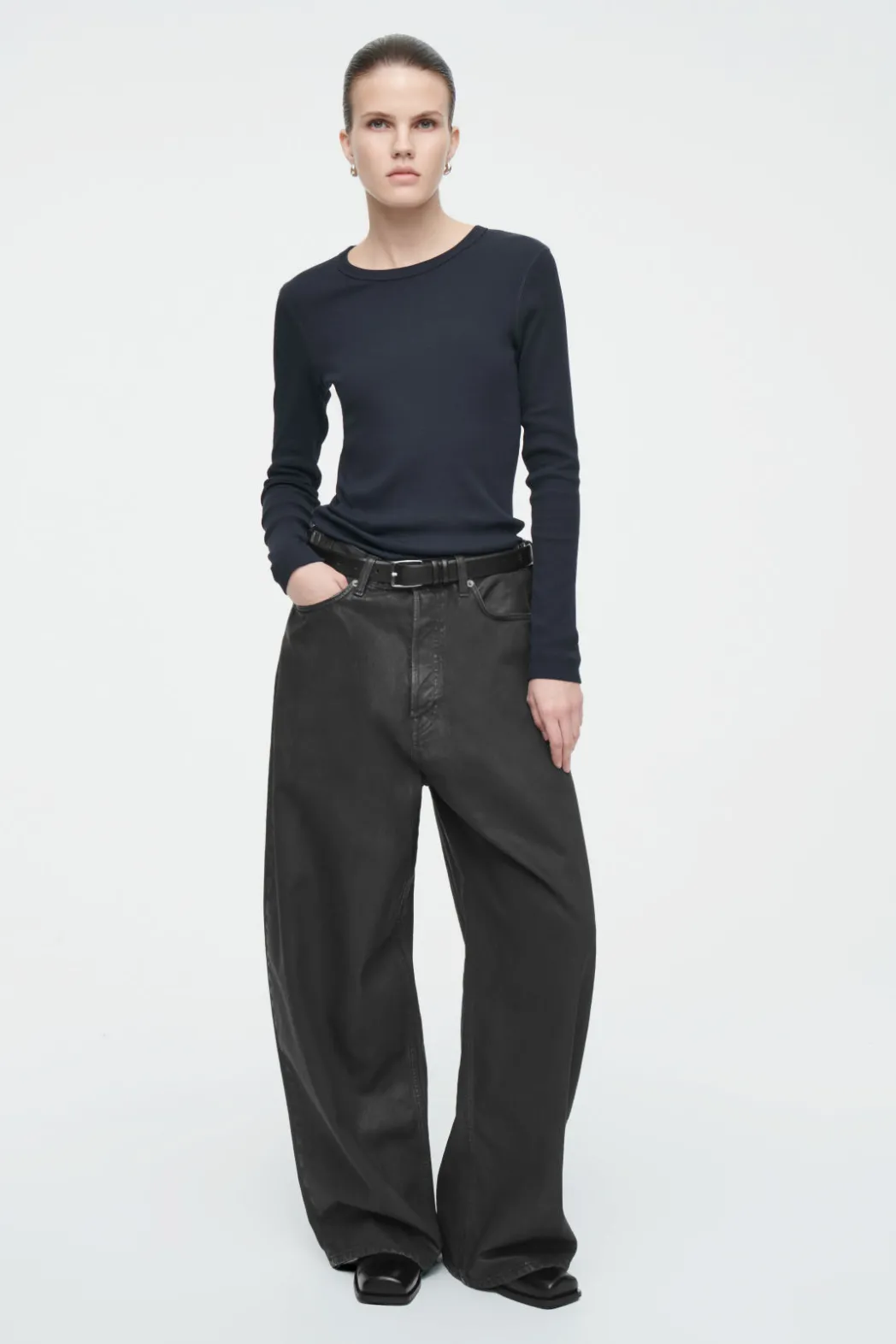Sale COS RIBBED JERSEY LONG-SLEEVED TOP NAVY