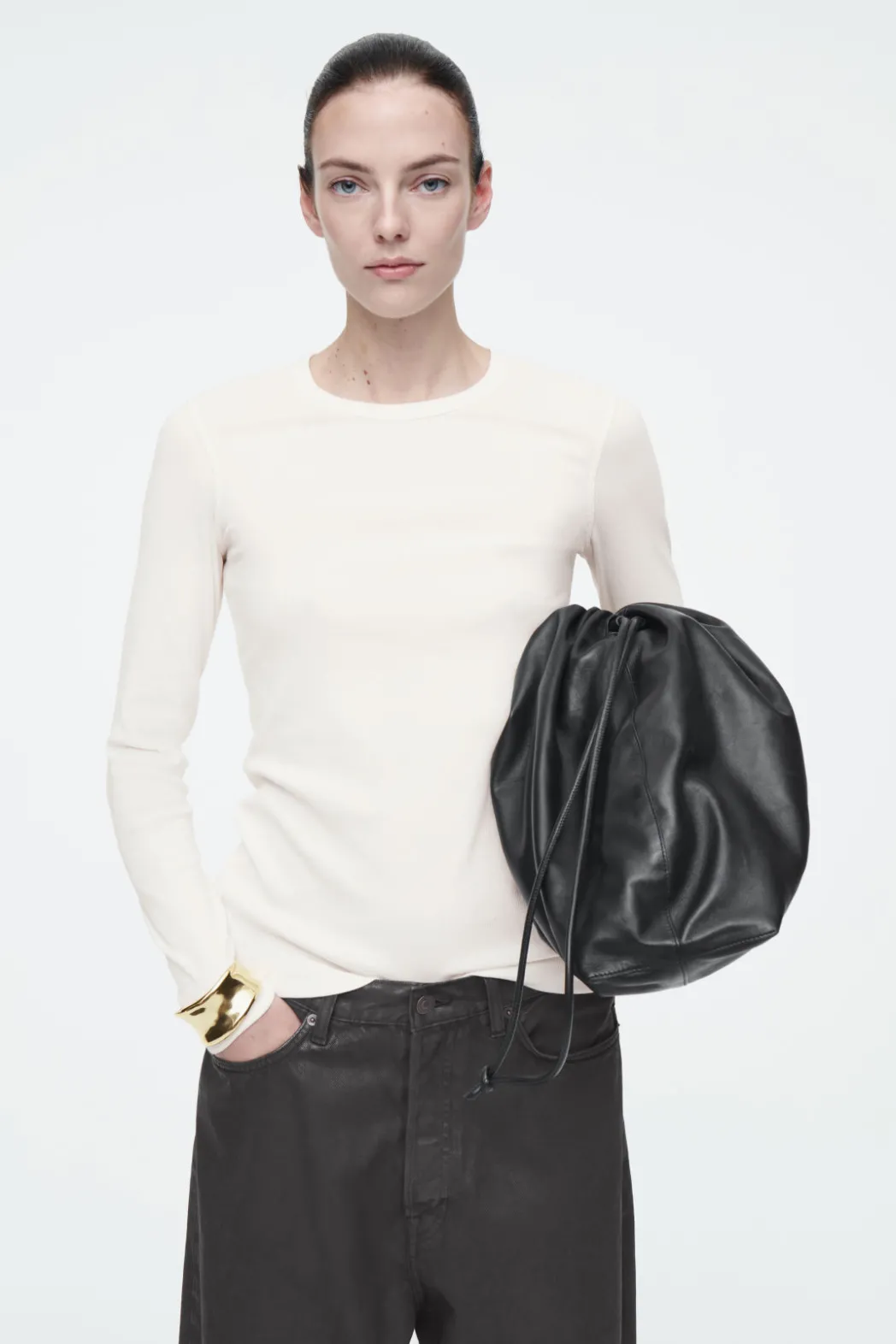 COS RIBBED JERSEY LONG-SLEEVED TOP WHITE