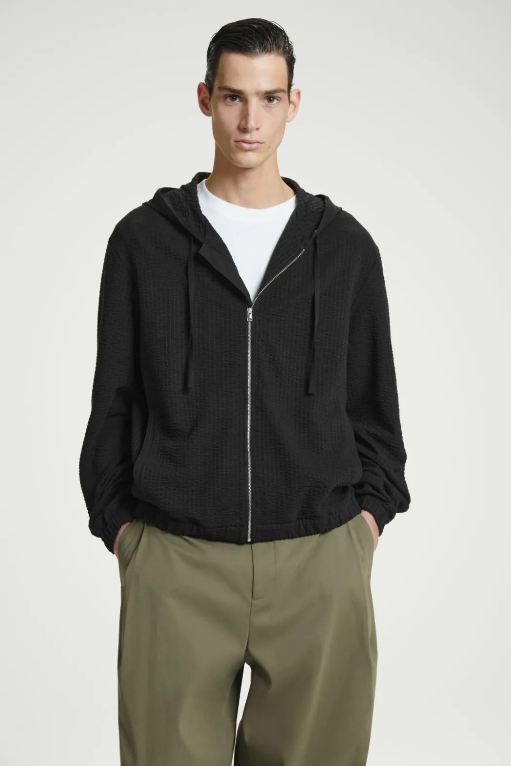 Outlet COS RIBBED JERSEY ZIP-UP HOODIE BLACK