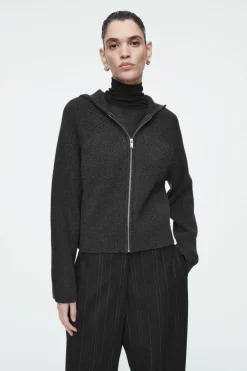 Outlet COS RIBBED MERINO WOOL HOODED JACKET CHARCOAL