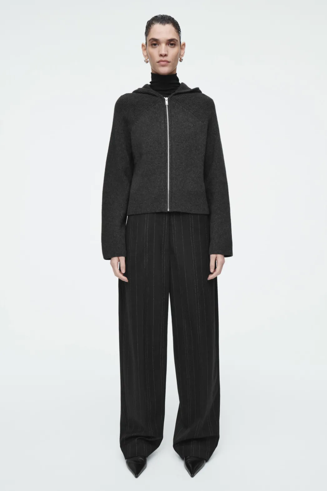 Outlet COS RIBBED MERINO WOOL HOODED JACKET CHARCOAL