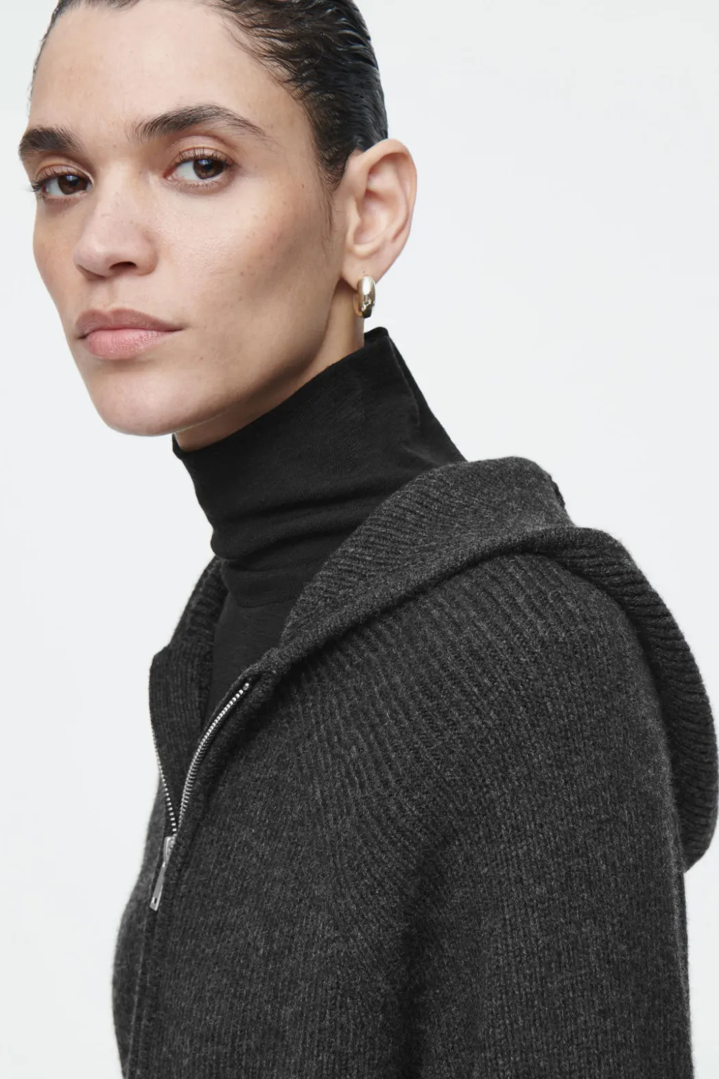 Outlet COS RIBBED MERINO WOOL HOODED JACKET CHARCOAL