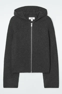 Outlet COS RIBBED MERINO WOOL HOODED JACKET CHARCOAL