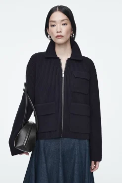 Outlet COS RIBBED MERINO WOOL UTILITY JACKET NAVY