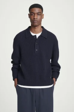 New COS RIBBED WOOL AND CASHMERE-BLEND POLO SHIRT NAVY
