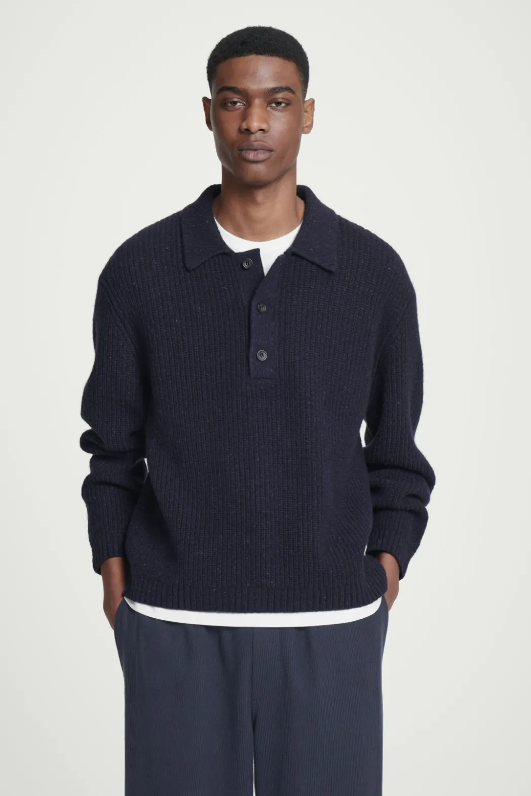 New COS RIBBED WOOL AND CASHMERE-BLEND POLO SHIRT NAVY