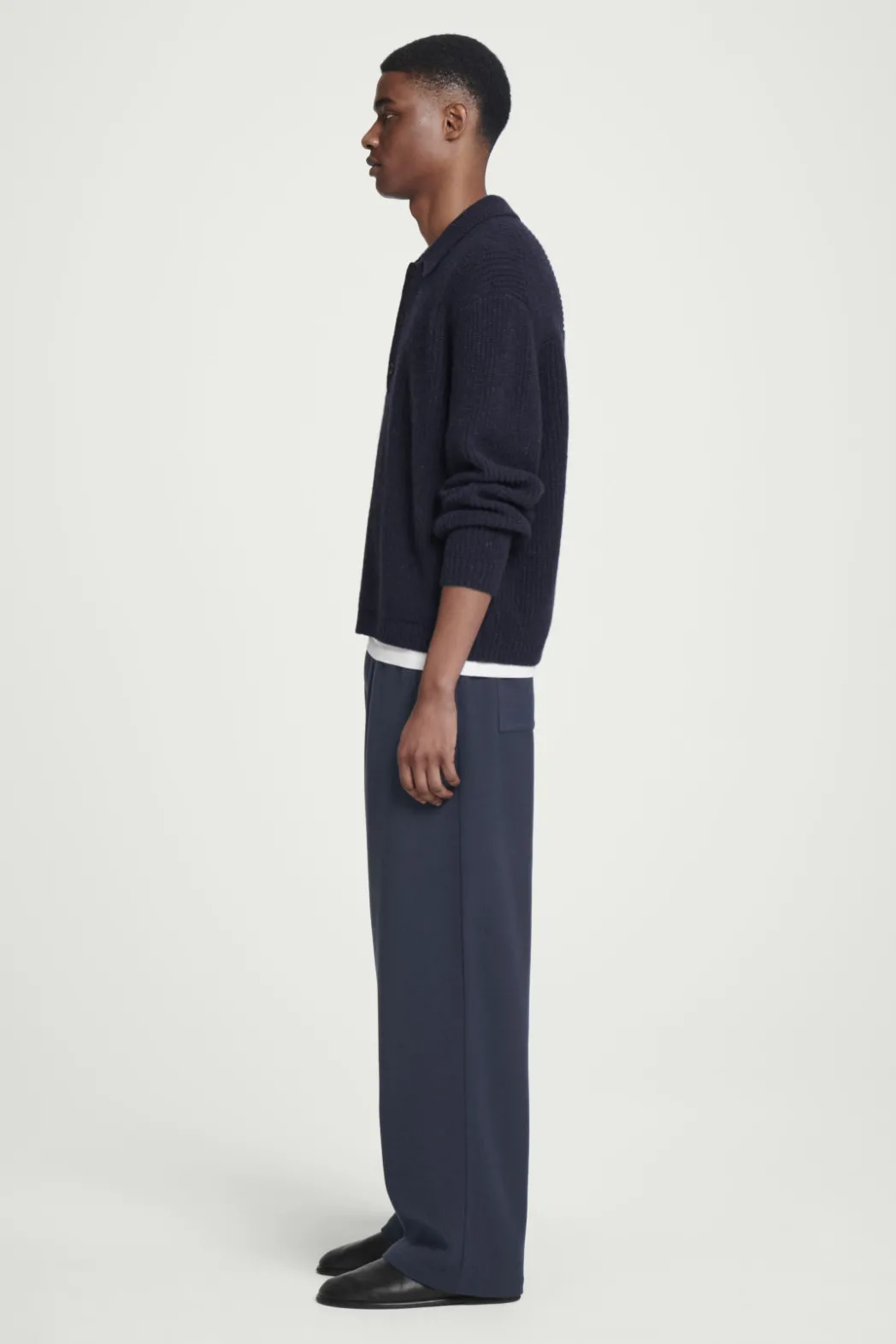 New COS RIBBED WOOL AND CASHMERE-BLEND POLO SHIRT NAVY