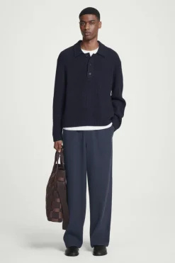 New COS RIBBED WOOL AND CASHMERE-BLEND POLO SHIRT NAVY