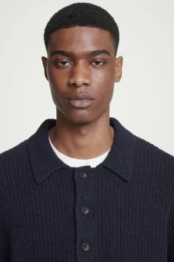 New COS RIBBED WOOL AND CASHMERE-BLEND POLO SHIRT NAVY