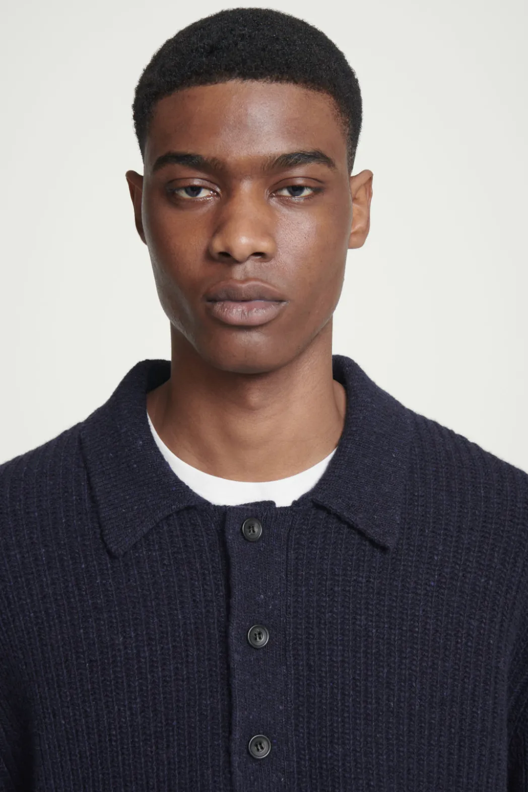 New COS RIBBED WOOL AND CASHMERE-BLEND POLO SHIRT NAVY