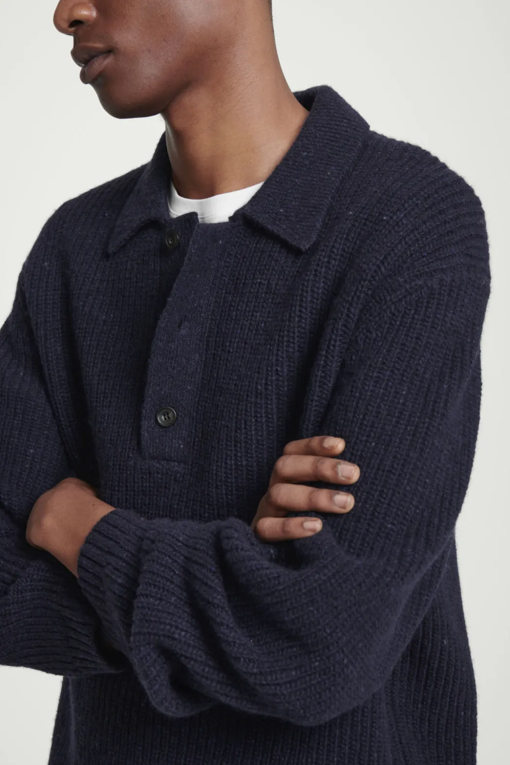 New COS RIBBED WOOL AND CASHMERE-BLEND POLO SHIRT NAVY