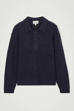 New COS RIBBED WOOL AND CASHMERE-BLEND POLO SHIRT NAVY