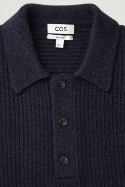 New COS RIBBED WOOL AND CASHMERE-BLEND POLO SHIRT NAVY